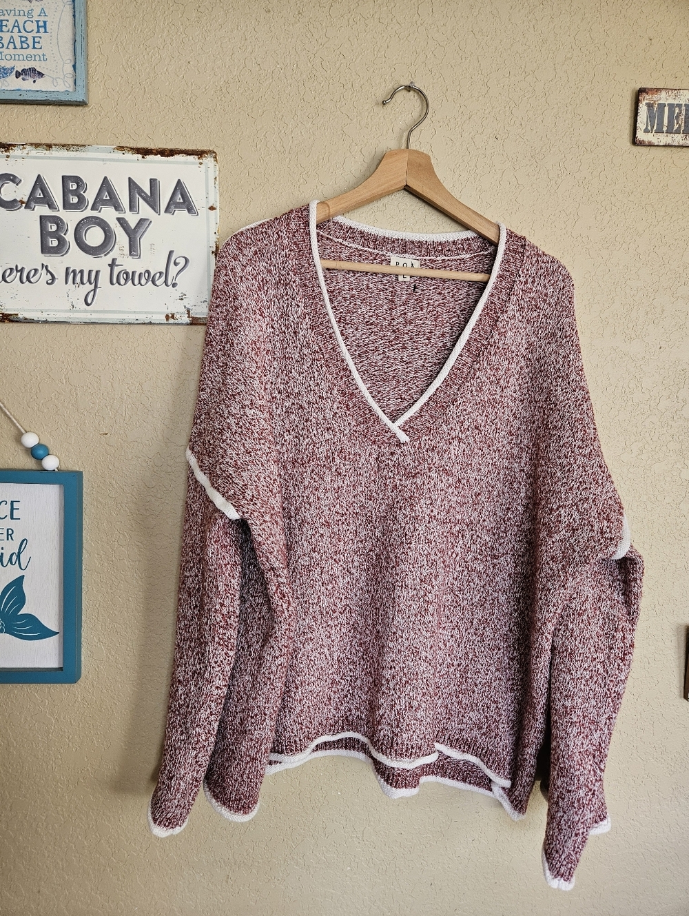 POL Large Sweater Deep V Neck Marbled Burgundy Boho Oversized Lagenlook